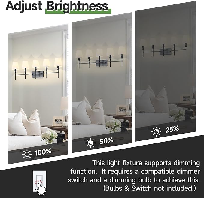 5-Light Vanity Lights for Bathroom,41 in Vintage Black Bathroom Vanity Light Fixtures,with Flared White Fabric Lampshade for Bedroom,Living Room,Foyer,Hardwired,E12 Base
