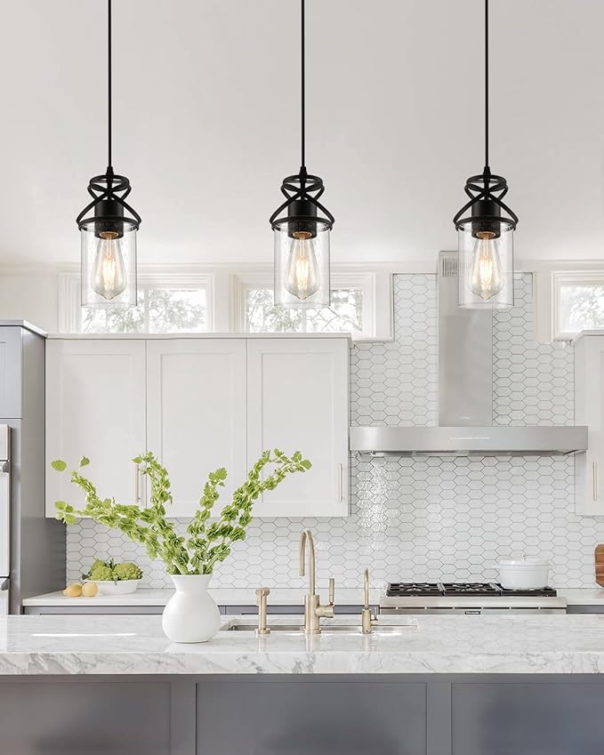 Pendant Kitchen Island Light, Modern Pendant Lighting with Glass Shade, E26 Socket and Adjustable Cable, Suitable for Living Rooms, Bedrooms, Hallways