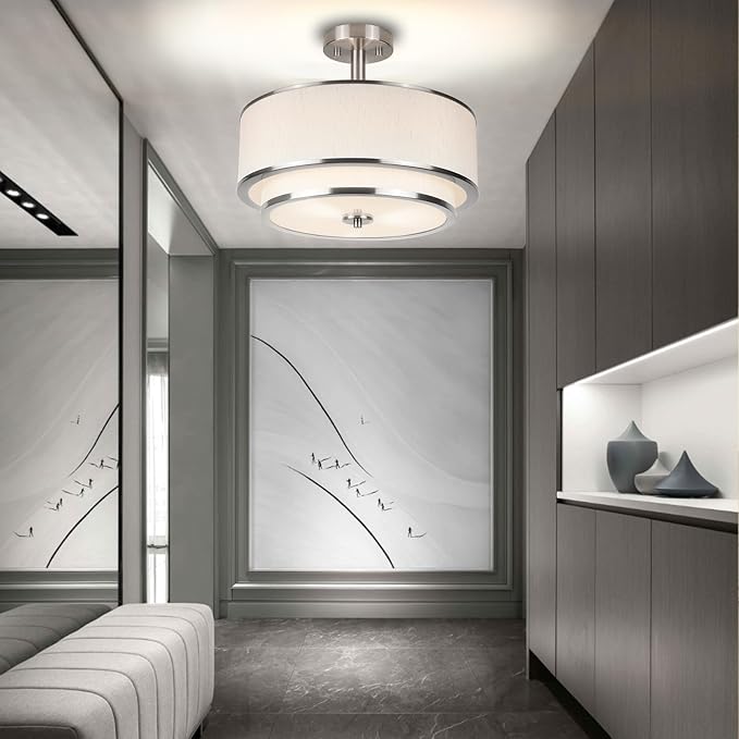 3-Light Semi Flush Mount Ceiling Light, 16" Drum Light with White Fabric Shade, Modern Close to Ceiling Lamp for Living Room Bedroom Dining Kitchen Hallway Entry (Brushed Nickel)