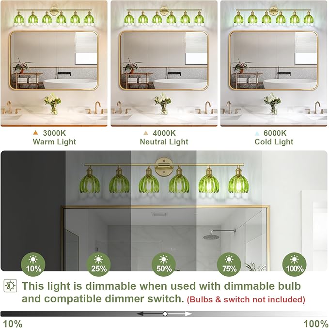 Vintage Bathroom Light Fixtures,6-Light Hardwired Vanity Lights with Green Tulip Glass Shade,Gold Bathroom Vanity Light for Mirror Restroom,E26 Socket,40.55 in(Bulbs Not Included)