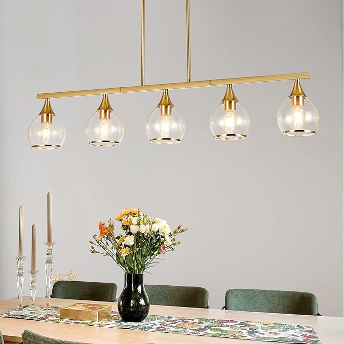 Island Light for Kitchen, 5-Light Gold Kitchen Island Linear Hanging Light Chandeliers, Brushed Gold Dining Room Light Fixture Over Table with Clear Round Glass Shades