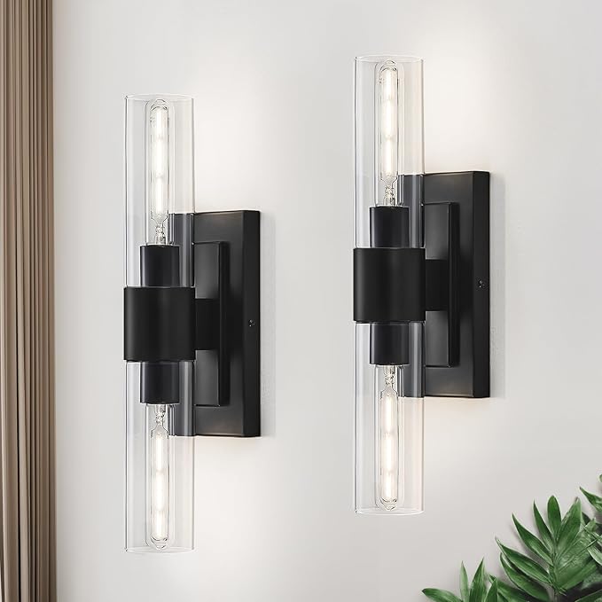 Black Wall Sconces Set of Two,Modern Bathroom Light Fixtures,2-Light Sconces Wall Lighting with Thickened Tempered Clear Glass,19 in Indoor Hardwired Wall Lights for Bedroom,Mirror, E26 Base