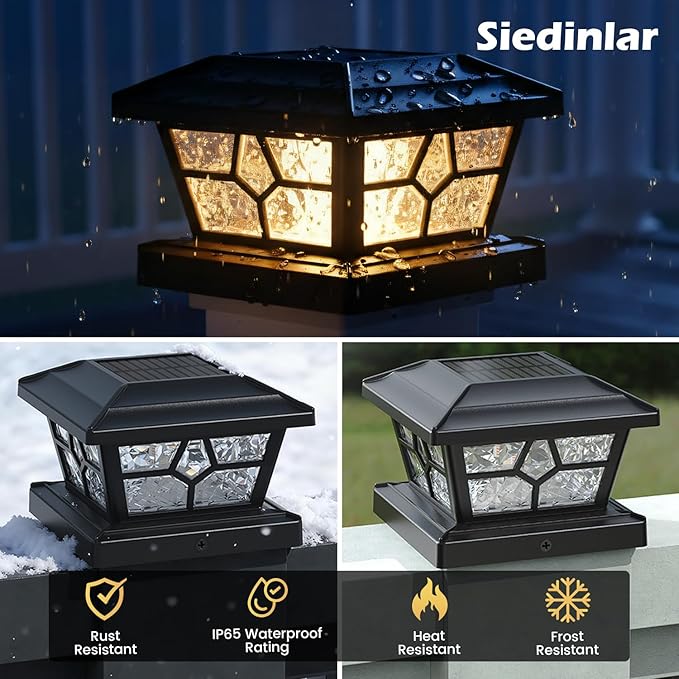 SIEDiNLAR Solar Post Lights Outdoor 10 Pack 4 Modes 40 LEDs Deck Fence Post Cap Light for 4x4 5x5 6x6 Wooden/Vinyl Posts Patio Decor, Warm/White Dynamic Lighting (Black)