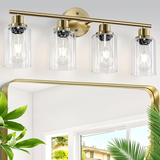 4-Light Gold Bathroom Light Fixtures, E26 Modern Vanity Lights for Bathroom with Clear Glass Shade, Wall Lamps for Mirror Hallway Kitchen Cabinet Living Room Sconces Lights