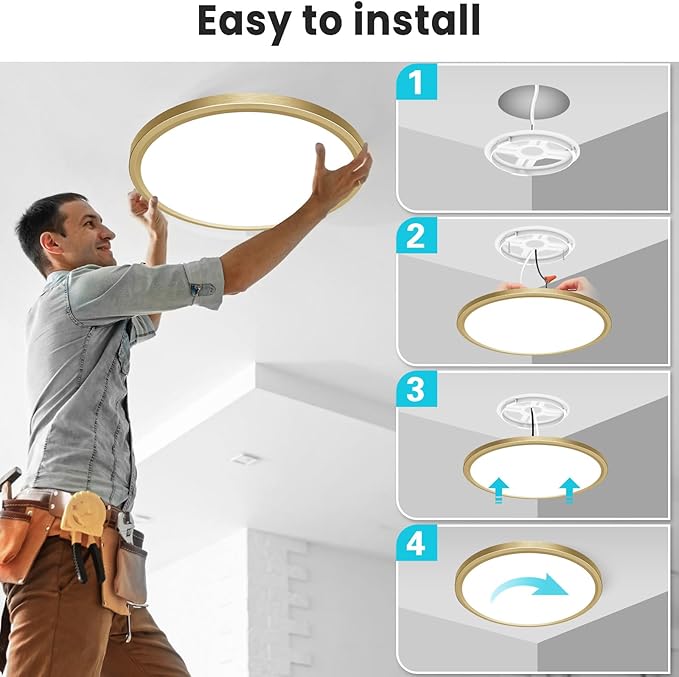 libtit 12 Inch LED Ceiling Light Golden, 28W 3200lm Aureate Flush Mount Ceiling Light, 3 Color Temperature 3000K/4500K/6000K, Gilded Round Flat Light Fixture for Kitchen Bathroom Shower, 2Pack