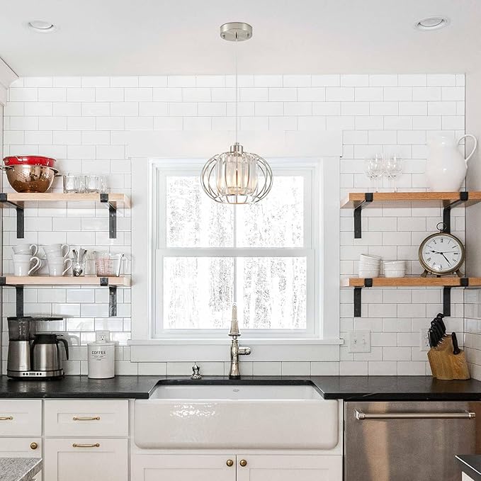 XSDeTu Brushed Nickel Pendant Light Fixtures, Modern Crystal Hanging Ceiling Light, Farmhouse Small Chandeliers, Metal Cage Pendant Lighting, Adjustable Pendant Lights Kitchen Island, Hallway