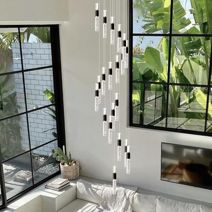 High Ceiling Chandelier 20-Lights Dimmmable Modern Crystal Staircase Chandelier Light Fixutres with Remote for Foyer
