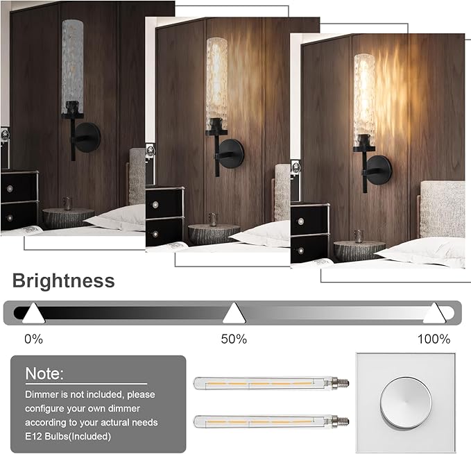 Black Wall Sconces, 19.5'' Knurled Bathroom Sconces Wall Lighting with Water Ripples Lampshade, Dimmable Indoor Vanity Wall Light Fixtures Decor for Living Room Hallway Bedroom Stairs
