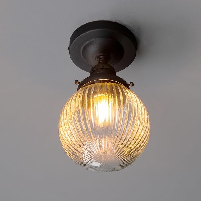 PERMO Semi Flush Mount Ceiling Light with 5.9" Globe Ribbed Glass Lampshade Vintage Matte Black Small Ceiling Light Fixture for Entry Way Bedroom Bathroom Porch