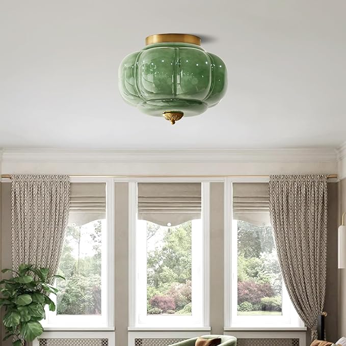 Milk Glass Ceiling Light Fixture - Farmhouse Antique Brass Semi Flush Mount Ceiling Light for Kitchen, Hallway, and Bedroom (Green 15 inch)