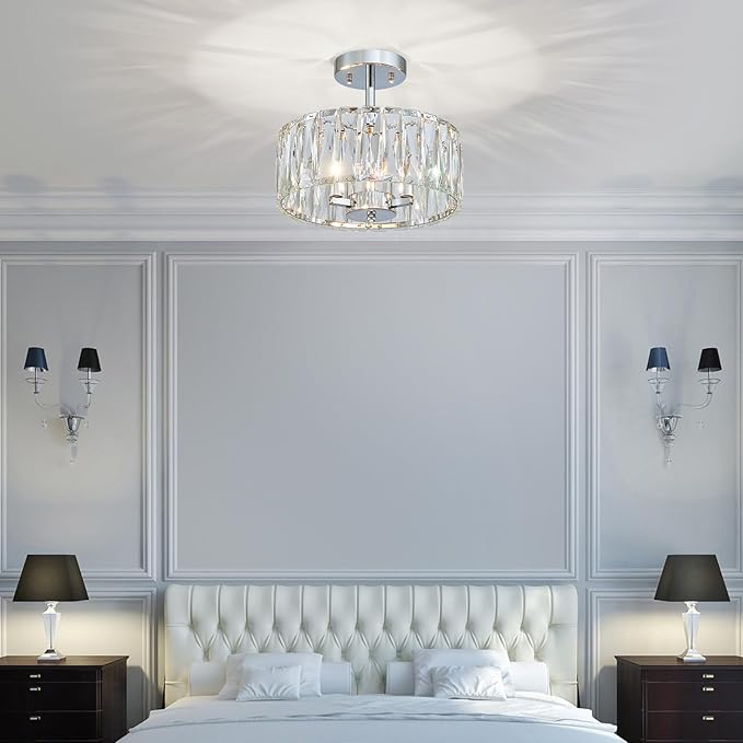 Crystal Ceiling Light, 3-Light Modern Semi-Flushmount Ceiling Light for Living Room, Dinning Room Hallway, D12xH9inch, Chrome Finish Frame & K9 Crystal
