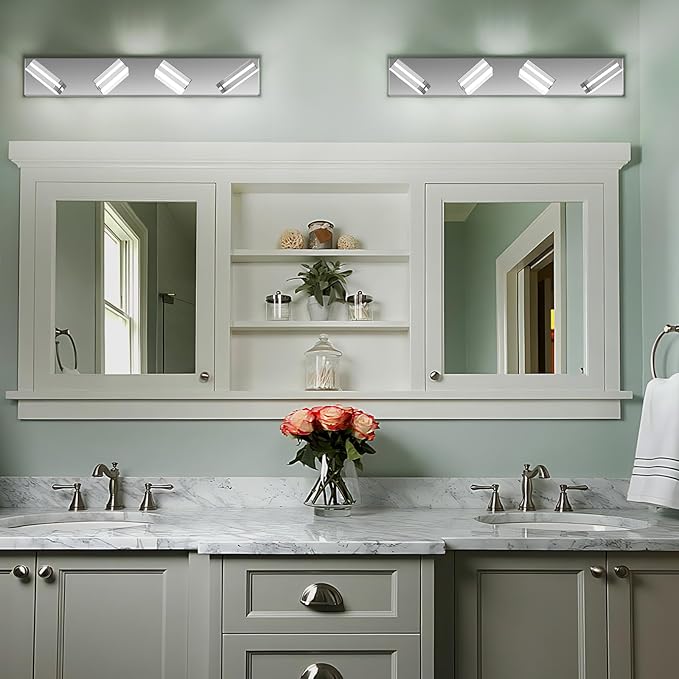 Modern LED Bathroom Lights Fixtures 4-Light,Stainless Steel Chrome Acrylic Wall Lighting,Vanity Lights for Bathroom Over Mirror 6000k 27in