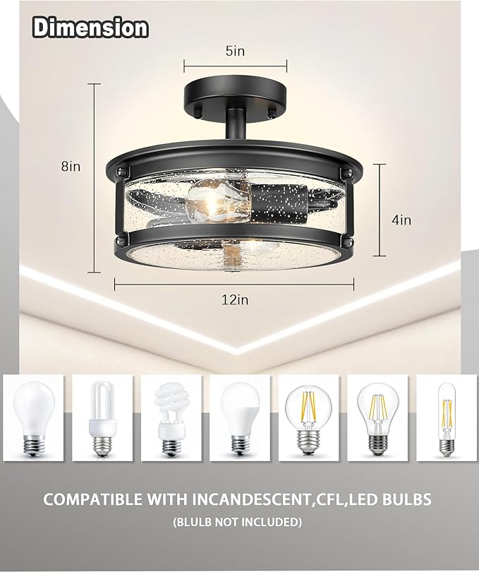 2-Light Semi Flush Mount Ceiling Light Fixture, Industrial Farmhouse Lighting, Black Matte Metal Hallway Ceiling Light with Seeded Glass for Bedroom,Living Room,Kitchen,Entryway,Dining Room