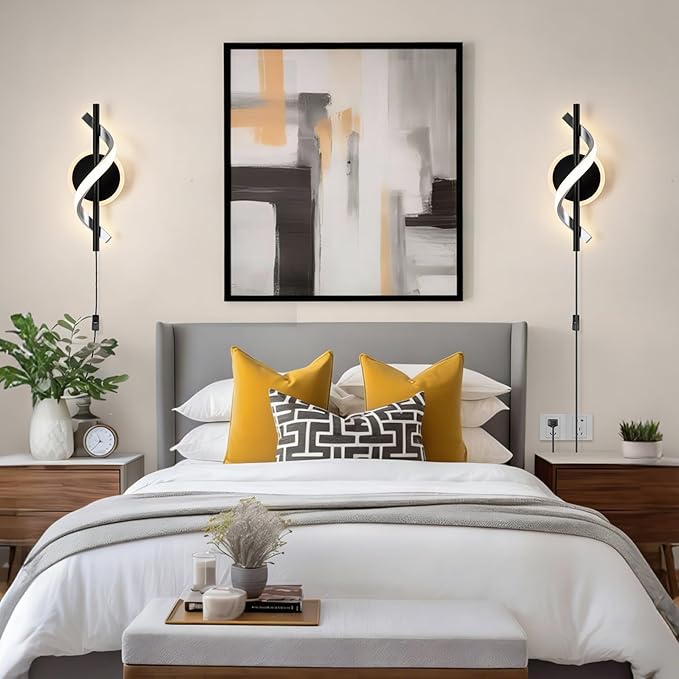 EIDISUNY Black Plug in Wall Sconces Sets of 2, 12W Modern Spiral LED Wall Lamp, 3000K Warm White Wall Light Fixture for Stairs Living Room Bedroom Aisle Hallway