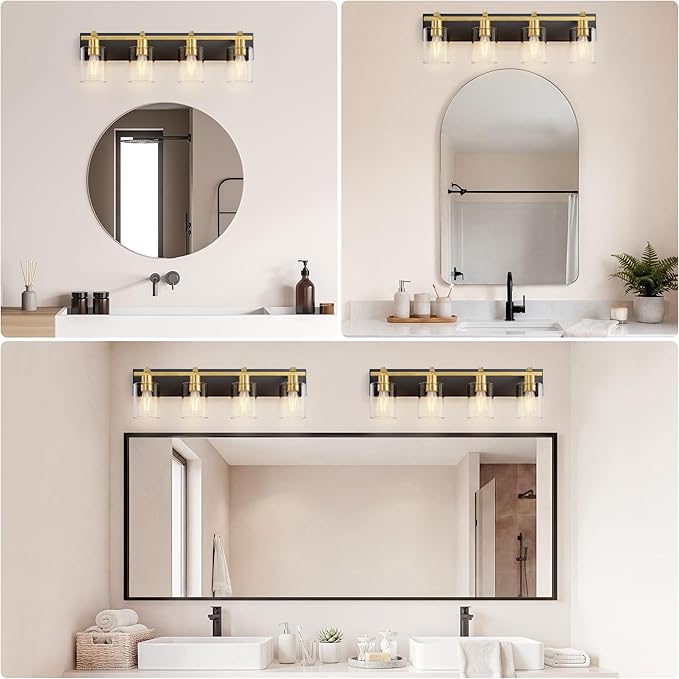 Espird Bathroom Vanity Light,4 Light Matte Black and Gold Light Fixture with Thickened Clear Glass Shade, 30 inch Modern Wall Sconce, Bathrooms Vanity Light Over Mirror for Bathroom