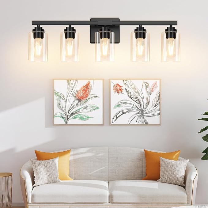 5-Light Matte Black Bathroom Light Fixtures, 31" Modern Vanity Lighting Fixture for Bathroom, Bathroom Vanity Lights Over Mirror with Clear Glass Shades, Wall Lamp for Mirror Living Room Bedroom Porch