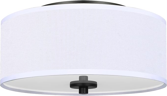 2-Light Flush Mount Ceiling Light Fixture, 12” Modern Close to Ceiling Light with White Fabric Drum Shade, Round Ceiling Light for Bedroom Hallway Living Room Bathroom Dining Kitchen