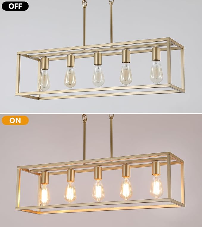 AMZASA Gold Rectangle Kitchen Island Lights Rectangular Modern Industrial Chandelier for Dining Room 5 Lights Linear Vintage Cage Light Fixtures UL Listed