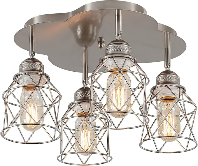 4-Lights Kitchen Light Fixtures Ceiling Mount, Adjustable Multi-Directional Brushed Nickel Flush Mount Ceiling Light, Vintage Metal Cage Farmhouse Lamp for Hallway, Dining Room, Foyer, Entryway