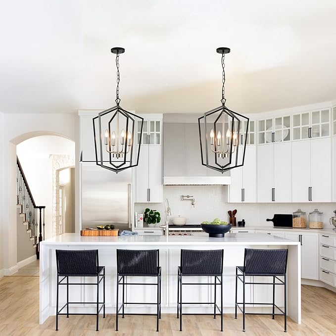WJShome 18.1" Farmhouse Chandeliers for Dining Room, 4-Light Modern Foyer Lighting Fixture,Black and Silver Hanging Lantern Pendant Light, for Kitchen Island,Hallway,Entryway