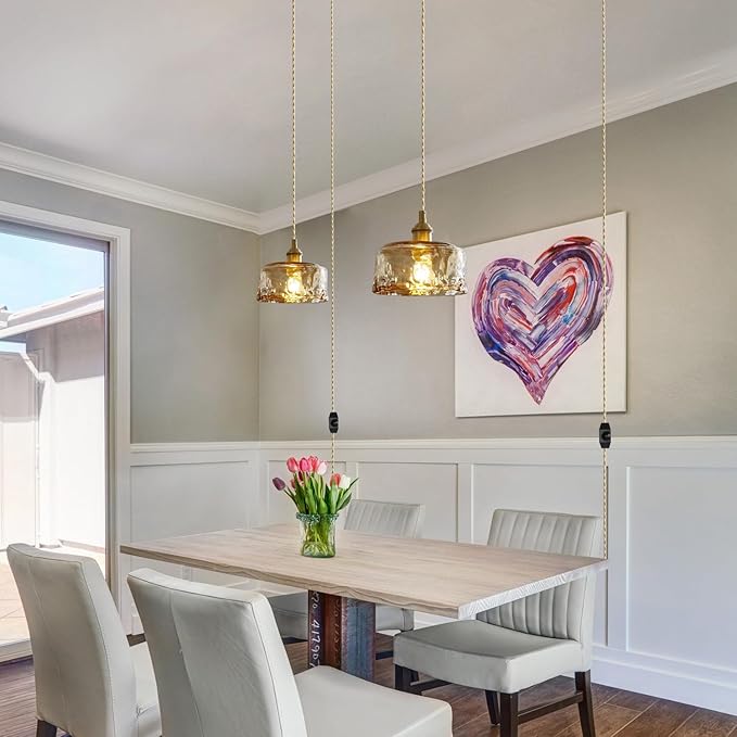 Glass Pendant Lights Kitchen Island Plug in Pendant Light with Dimmable Switch Amber Glass Lampshade for Bedside Dining Room Foyer, Brass