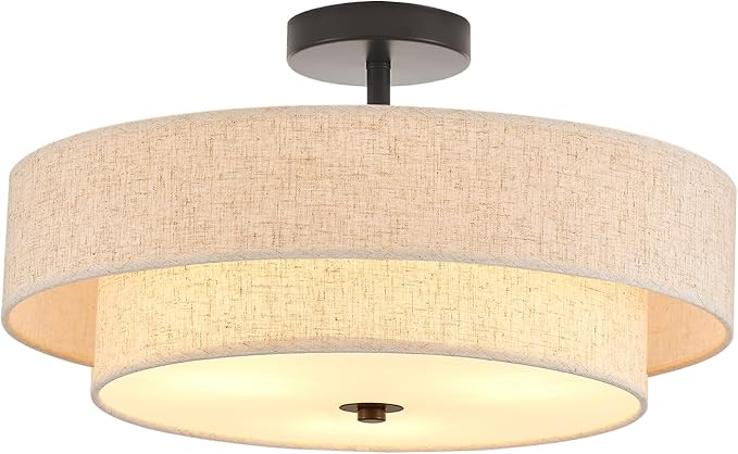 Modern Semi Flush Mount Ceiling Light 18" Modern 3-Lights Black Drum Ceiling Lighting Fixture with Linen Shade Vintage Ceiling Lamp for Kitchen, Basement, Laundry Room, Bedroom