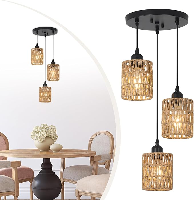LAMSU 3 Lights Rattan Pendant Light, Farmhouse Dining Room Light Fixtures Ceiling Hanging, Boho Pendant Lighting with Hand Woven Wicker Shades for Kitchen Island Living Room Bedroom Foyer Hallway