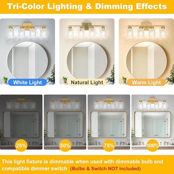 Brushed Gold Bathroom Light Fixtures, 4-Light Modern Bathroom Vanity Wall Light, Vanity Lights for Mirror, Wall Sconces with Clear Textured Glass (E26 Socket, Bulbs Not Included)