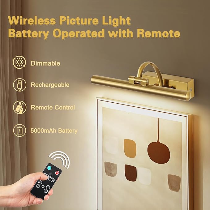DESOOP Wireless Picture Lights for Wall Rechargeable Brass Gallery Lights Battery Operated Art Lamps with Remote and Timer Dimmable Painting Lights for Artwork Portrait Display 12 Inch 2W 2700K