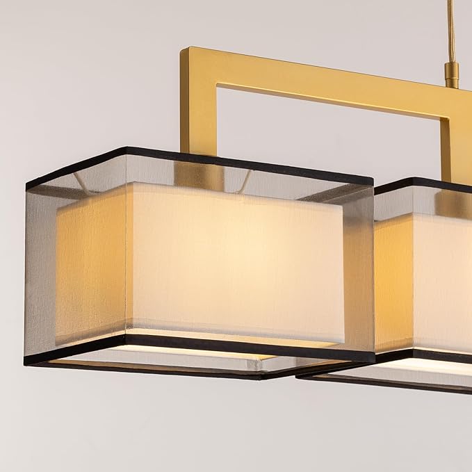 Modern 4-Light Linear Chandelier,Kitchen Island Light with Fabric Drum Shade, Adjustable Height Rectangular Pendant for Dining Room, Living Room, Hallway (L44 INxW7 in xH11 in)