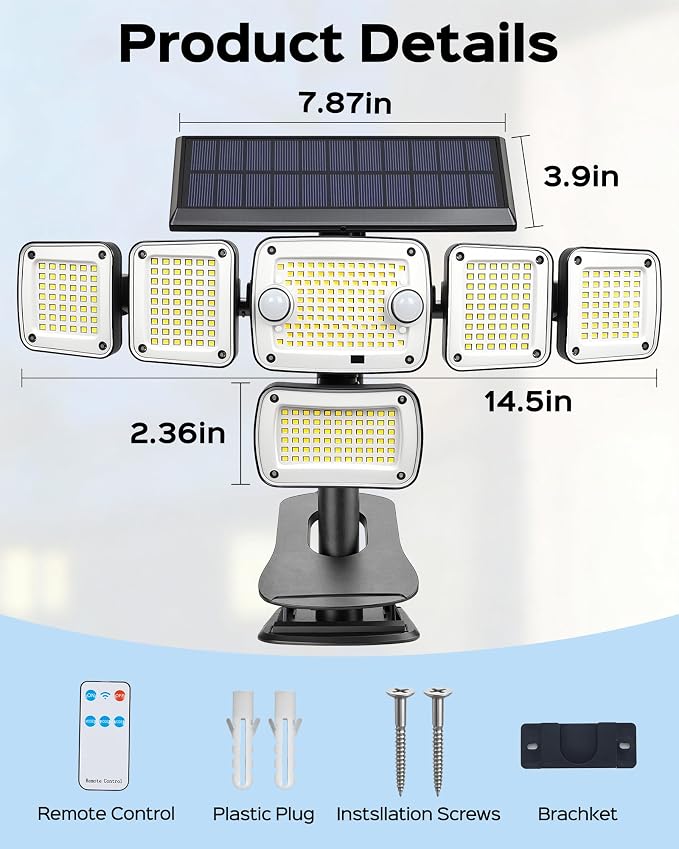 Solar Flood Lights Outdoor,5000LM 336 LEDs Dual Clip on Motion Sensor Lights with 360° Wide Angle &3 Modes, IP65 Waterproof Security Lights for Yard Patio Garage Garden,1Pack