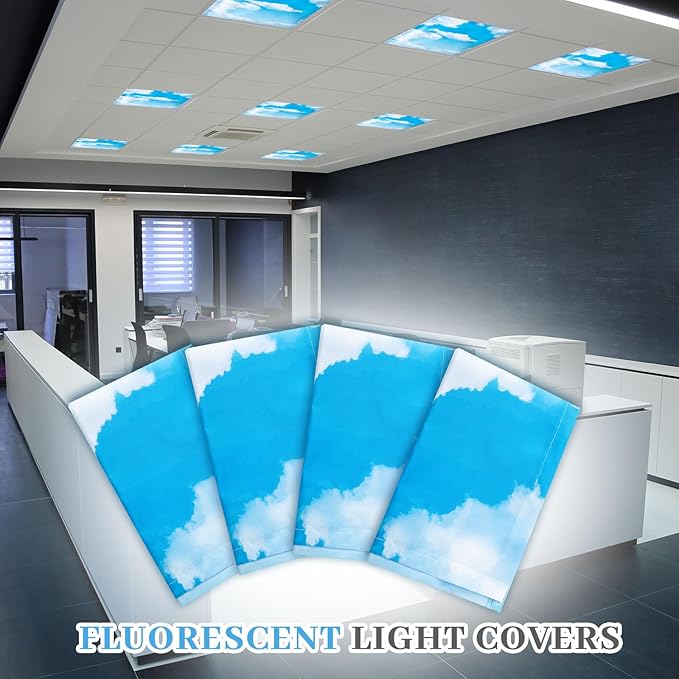 VIHOSE 4 Pcs 2 x 2 Feet Fluorescent Light Covers for Ceiling Lights Classroom Magnetic Light Filters for Reducing Harsh Glare Flicker for Office Classroom Home Drop Ceiling(Sky Cloud)