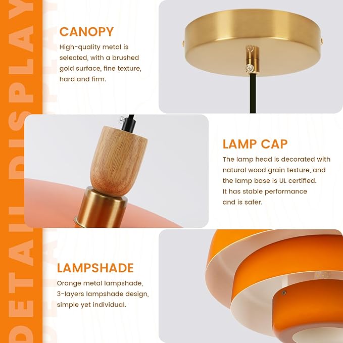 Orange Pendant Light with Wooden Dome, 3-Layer Metal Shade Mid Century Chandelier, Minimalist Industrial Hanging Light for Dining Room, Farmhouse Sink, Office