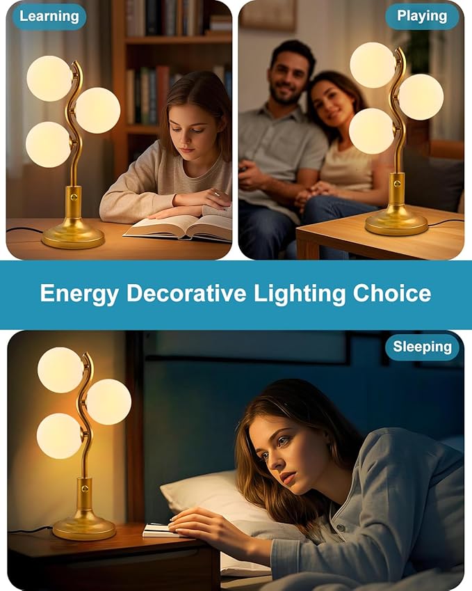 Lightdot Mid Century Globe Table Lamp Dimmable Modern 3 Lights Gold Desk Lamp 3000K Warmwhite Bedside Table Lamp for Bedroom Living Room Study Room(G9 Bulbs Included)