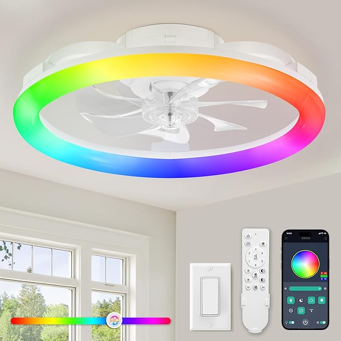 LEDIARY RGB Low Profile Ceiling Fans with Lights and Remote, 20 Inch Dimmable Modern Ceiling Fan(3000K-6000K), 6 Speed, Reversible, APP & Remote Control, Flush Mount Fan Light, White RGB Ceiling Fans