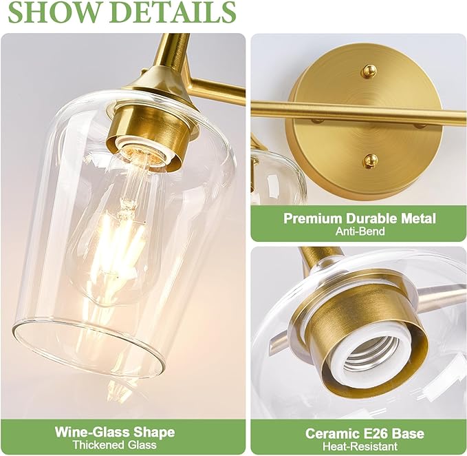 MOKATNG 2-Light Bathroom Light Fixtures, Gold Vanity Lights for Bathroom with Clear Glass, Bathroom Lighting Fixtures Over Mirror, Modern Wall lamp for Cabinet Hallway