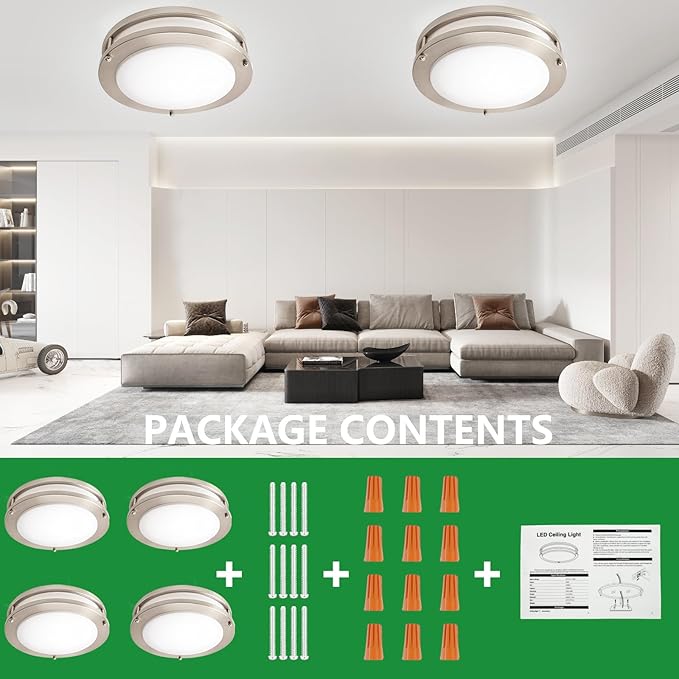 OOWOLF 4-Pack 10 Inch 24W LED Ceiling Lights, 5000K Brightness Adjustable Flush Mount Ceiling Light, Super Bright Brushed Nickel Lighting Lamp Fixture for Bedroom Bathroom Dining, Daylight White