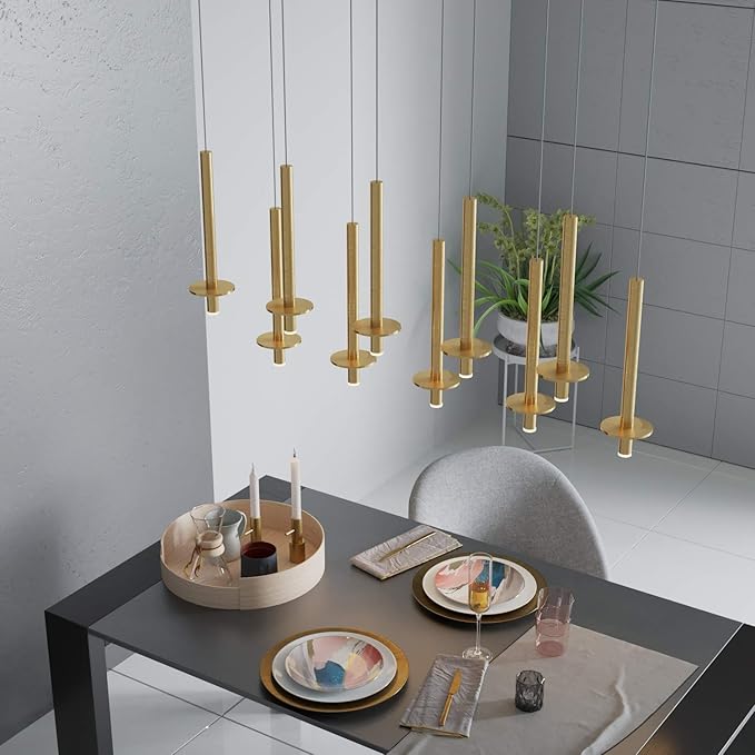 Draco 10 Pendant Lighting Brass – LED Hanging Light Fixture for Kitchen Island, Bar, Foyer – Equilateral Cluster of Mini Metal Rod Pipe Tube Cylinders – Dimmable, Adjustable Wire, Lamp Bulb Included