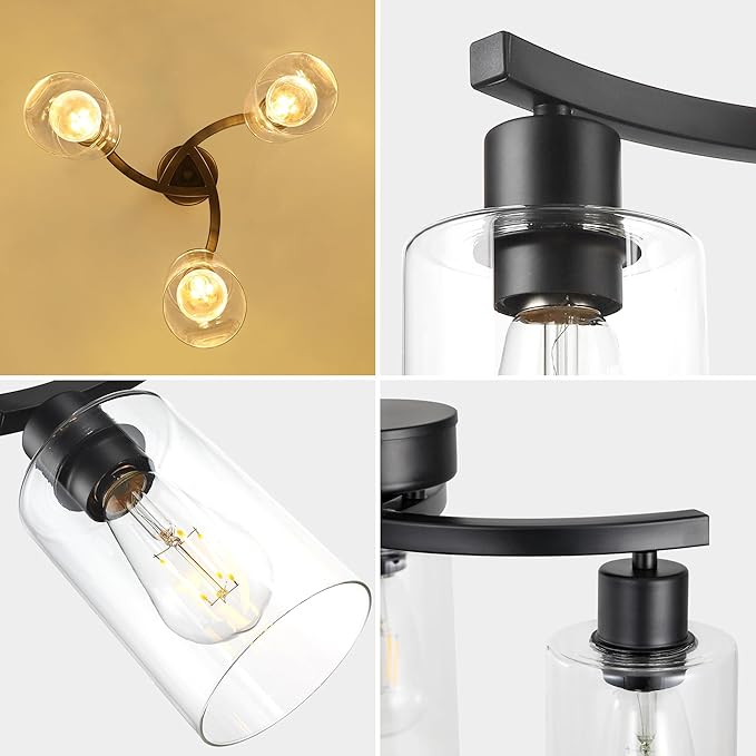 3-Light Modern Farmhouse Chandelier for Dining Room Light Fixtures,16.5" Black Kitchen Island Pendant Lighting, Adjustable Hanging Light for Dining Room with Clear Glass Shades