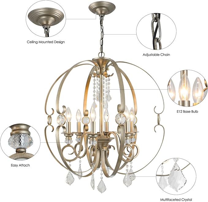 Sphere Crystal Chandeliers for Dining Room Light Fixture, 6-Light 26 Inch Antique Silver Vintage Bronze Chandelier for Kitchen Island, Living Room, Foyer, Staircase, Entry, Villa