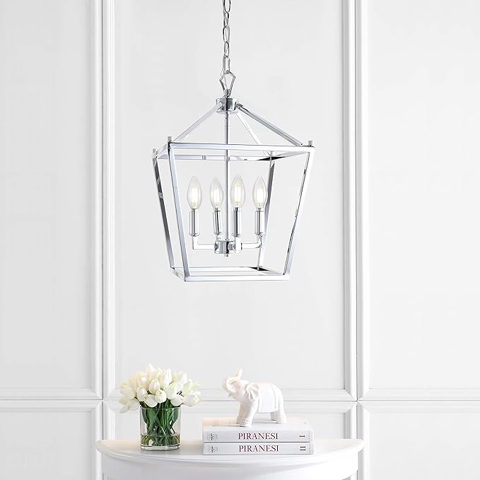 JONATHAN Y 12" Chrome Lantern Pendant Light, 1-Light Pagoda Style Metal Cage Farmhouse Hanging Ceiling Fixture for Kitchen Island, LED Bulb Included (JYL7436C)