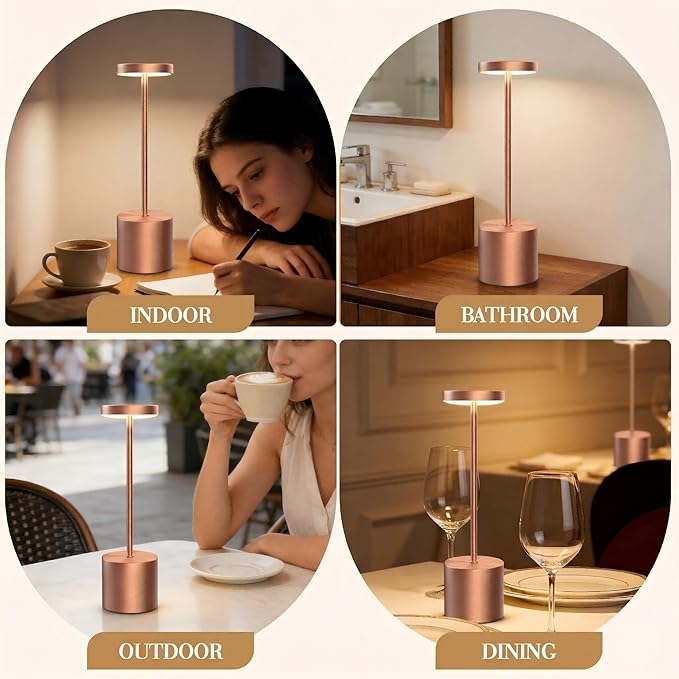 AUDLES Cordless Table Lamp, 5000mAh Rechargeable Lamp with Touch Control & Stepless Dimming, 3 Light Modes, IP54 Waterproof Portable Light for Dining Table, Patio, Bathroom, Power Outage (Rose Gold)