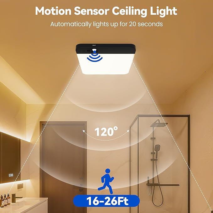 KINDEEP Rechargeable Motion Sensor Ceiling Light: Wireless Ceiling Light with Remote, 3 Color Temperatures Battery Operated Closet Light, Shower, Closet, Stairs, Hallway, Pantry, Black Shade, 1 Pack