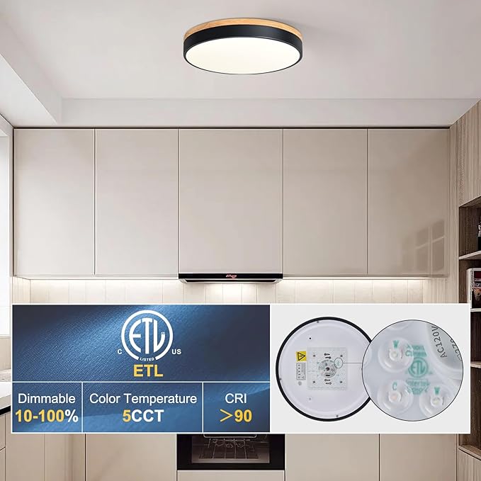 Yiisem Dimmable Wood LED Flush Mount Ceiling Light, 5CCT 2700K-6000K Modern Black Close to Ceiling Lighting Fixtures, Minimalist Round Ceiling Lamp for Living Room, Bedroom, Laundry Room