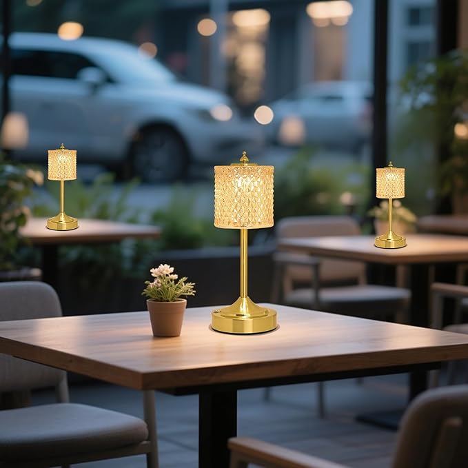 Cordless Crystal Table Lamp, 5200mAh Rechargeable Battery, 3 Color Dimmable Touch Control, Portable Vintage Gold Desk Lamp for Bedroom, Nightstand, Living Room, Home Decor (Amber)