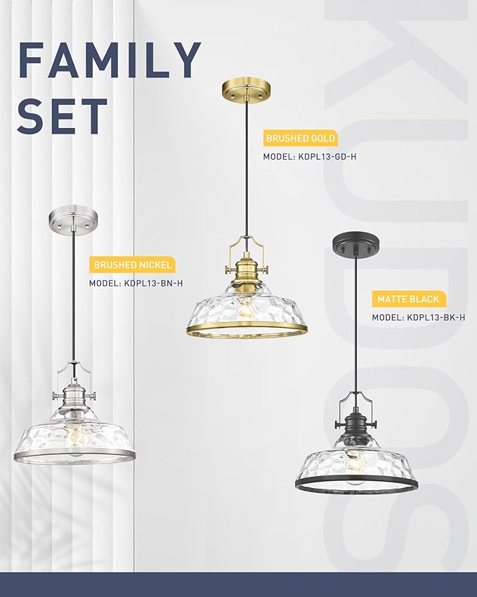 kudos 2 Pack Pendant Lights Kitchen Island, 11" Large Brushed Nickel Kitchen Island Lighting with Hammered Glass Shade, Industrial Hanging Light Fixture for Kitchen Sink Dining Room, KDPL13-BN-H-2PK