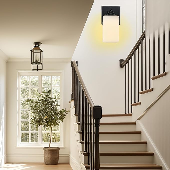Loyareal Wall Sconces with Switch Set of Two, Bedside Wall Lamps for Bedroom, Modern Bathroom Light Fixtures with Milk Glass Shade, Black Sconces Wall Lights for Hallway, Living Room, Kitchen