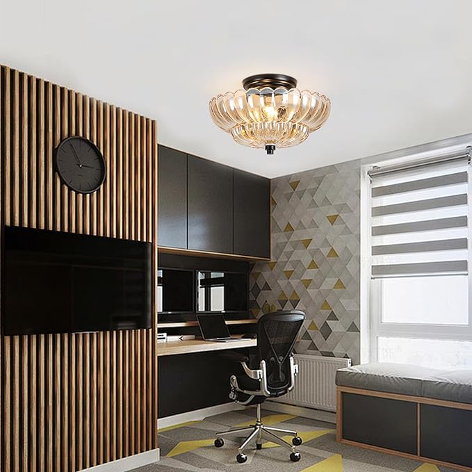 Semi Flush Mount Ceiling Light, Modern Ceiling Light Fixture with Amber Glass, Vintage Indoor E26 Kitchen Lighting for Closet, Porch, Corridor, Hallway, Bedroom