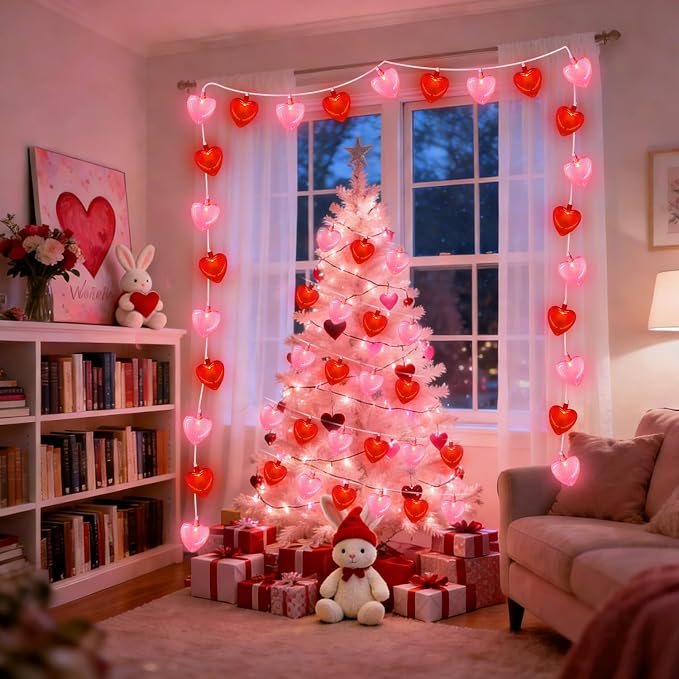 8.5Ft Red & Pink Heart String Lights, Valentine's Day Decorations Light with 10 LED Red Pink Glitter Heart Lights, Connectable Romantic Fairy Light for Wedding Valentine Anniversary Party Decor