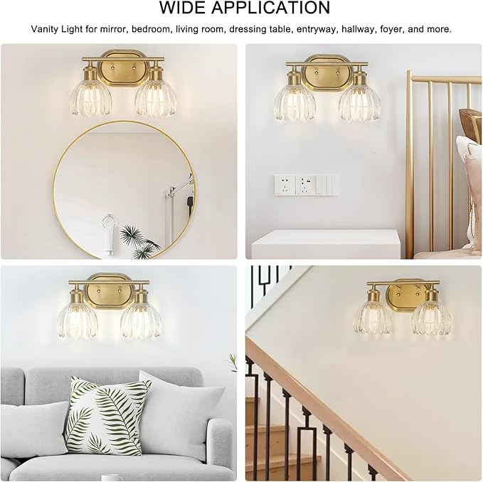 2-Light Bathroom Light Fixtures, Gold Vanity Lights for Bathroom with Ribbed Clear Tulip Glass Shade, Brass Vintage Wall Scone Lighting Over Mirror for Farmhouse,Bedroom,Living Room,Hallway